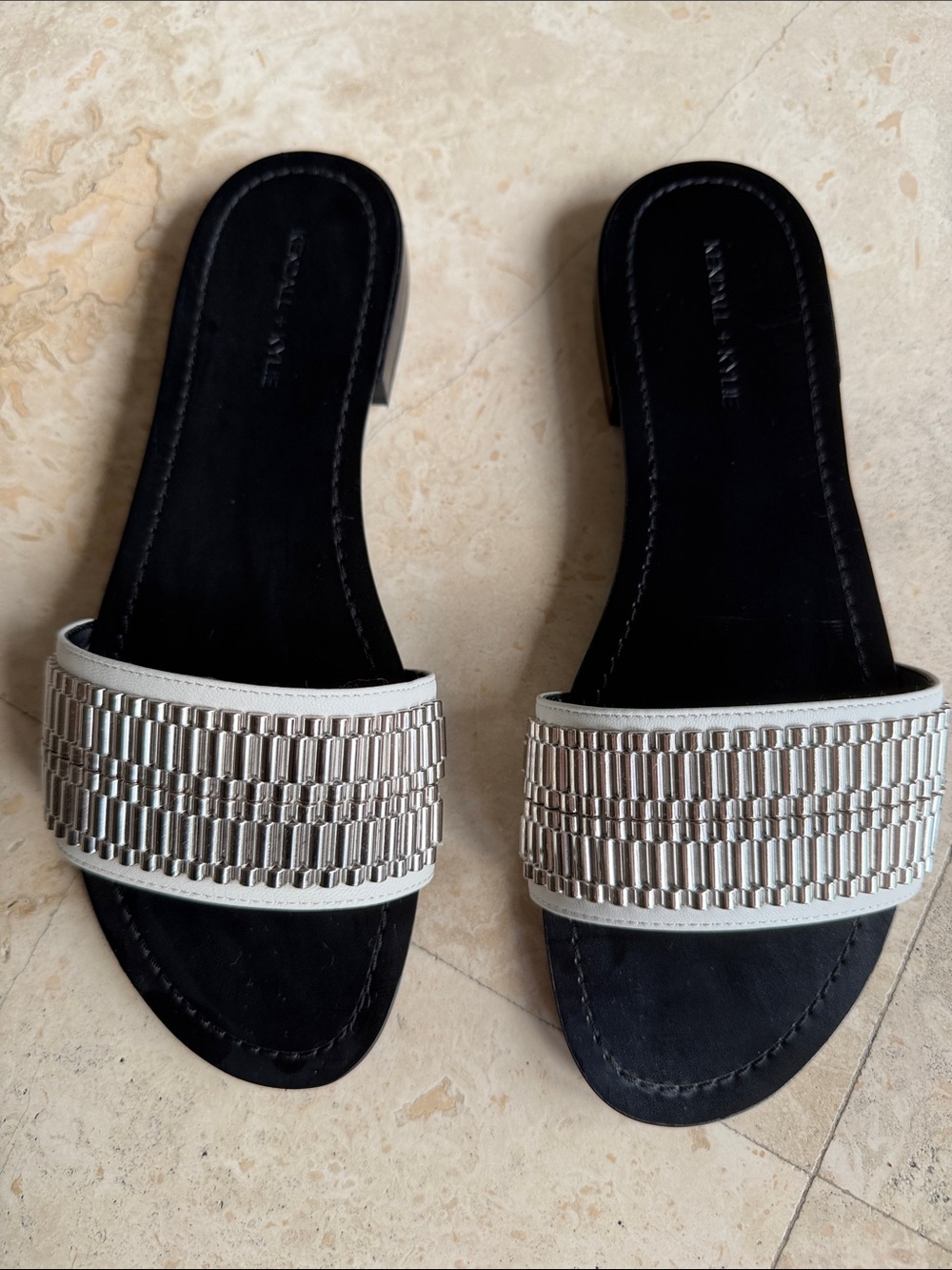 Kendall & Kylie White Slide Sandals with Silver Beaded Strap